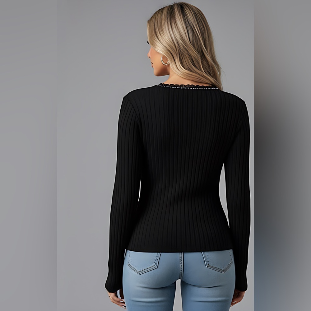 Black Ribbed Long Sleeve Rhinestone Knit - Picture 5 of 9